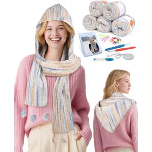 Coopay Crochet Kit for Beginners, Crochet Kits for Adults - 4 Basic Stitches to Complete Hooded Scarf, Perfect for Crocheting Hooded Scarf with Step-by-Step Instructions & 5 Yarns (Cloud Sea) (6 x 4 x 1 centimetres)