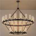 AEULYTIR 60 Inch Black Wagon Wheel Chandelier 2 Tier with Glass Shade, 30 Lights, Modern Farmhouse Style, Ideal for Dining Room, Kitchen, Entryways