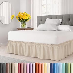 Wrap Around Dust Ruffle Bed Skirt - Wheat - for King Size Beds w/ 12 Inch Drop - Easy Fit Elastic Strap - Adjustable Pleated Bedskirt w/Brushed Fabric - Wrinkle Free - for Women, Men, Kids & Teens