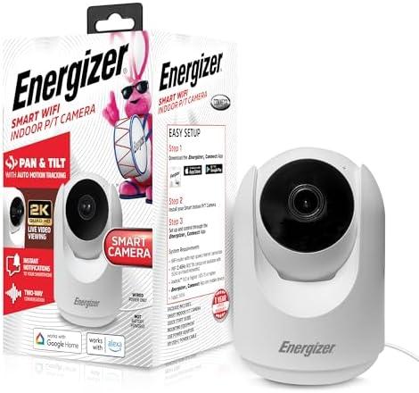 Energizer Smart 2K Indoor Pan & Tilt Wired Camera, Motion Tracking, Two-Way Audio, Night Vision, Instant Notifications, Recording, App, Hub-Free Wi-Fi Connection, Compatible with Alexa & Google Home