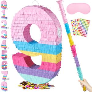 PCFING 20 Inch Number 9 Piata Rainbow Candy Color with 30 Inch Piata Stick Blindfold Confetti for Boy Girl Kids Birthday Party Decorations, Anniversary Celebration, Fiesta