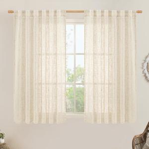 LAMIT Semi Sheer Linen Curtains 54 Inch Length 2 Panels, Beige Light Filtering Panels Back Tab and Rod Pocket Neutral Drapes for Kitchen/Window/Dining Room, 52 x 54 Inch