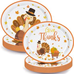 30PCS Turkey Thanksgiving Oval Paper Plates Thanksgiving Large 9" X 11" Plates Autumn Disposable Dinner for Harvest Give Thanks Party Tableware Supplies