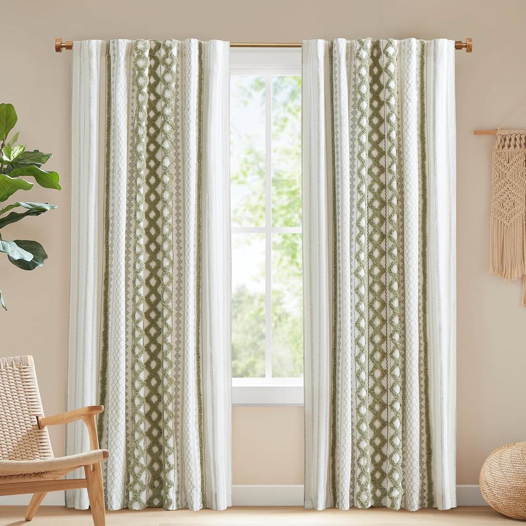 INK+IVY Imani 100% Cotton Single Panel Curtain Tufted Chenille Stripe Geometric Print Mid-Century Look Rod Pocket Top Drape for Living Room, Privacy Window Treatment for Bedroom, 50" W x 84" L, Green