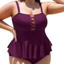 Yonique Plus Size Swimsuits for Women Tummy Control Two Piece Bathing Suits Peplum Tankini Tops High Waisted Swimwear, 14 W