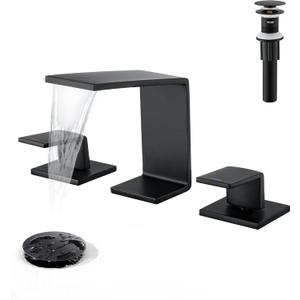 Bathroom Faucets for Sink 3 Hole - 8 Inch Waterfall Bathroom Sink Faucets with Metal Pop-up Drain and Supply Lines, Modern Widespread Elegant Faucet, P3009B (Matte Black)