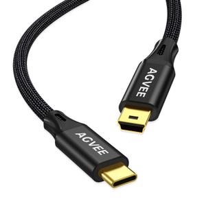 AGVEE 2 Pack 10ft USB-C to Mini USB Cable, Gold Plated End Tips, Braided Durable Mini-B 5-Pin to Type-C Data Charging Charger OTG Cord for Hero 3+, Canon Nikon Camera, GPS, Blue Yeti, Black