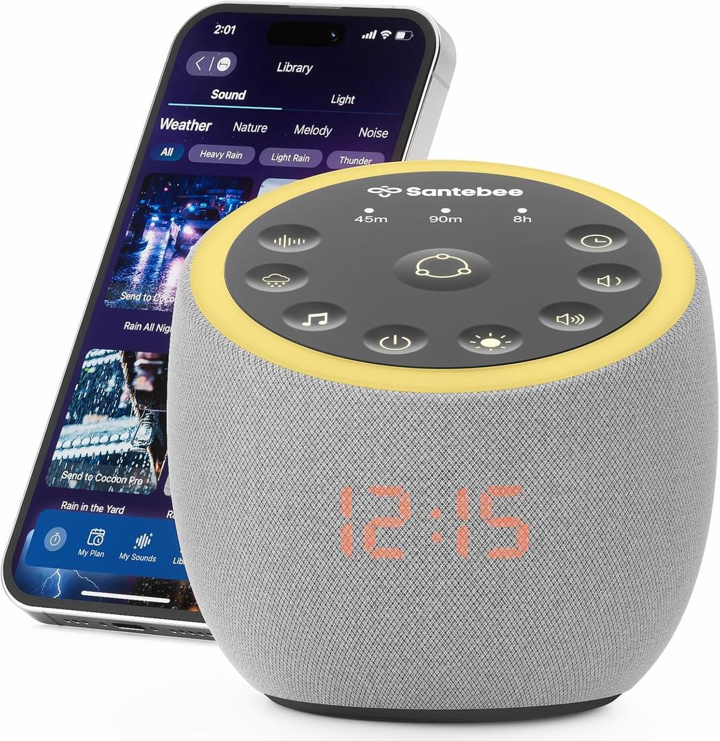 White Noise Sound Machine for Sleeping, 361 Soothing Sounds, Smart APP Control, Custom Buttons, Non Looping Natural Sounds, Bedside Dimmable Clock, Night Light, Santebee for Adults Baby Kids Lullaby (Grey)