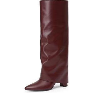 Modatope Knee High Boots Women Fold Over Knee High Boots Chunky High Heels Long Boots Zipper Pointed Toe Dress Tall Boots for Women (10, Burgundy Pu)