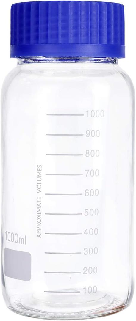 Moonetto 3 Pack 1000 mL Wide Mouth Graduated Round Reagent Media/Storage Lab Glass Bottle With GL80 Blue Polypropylene Screw Cap