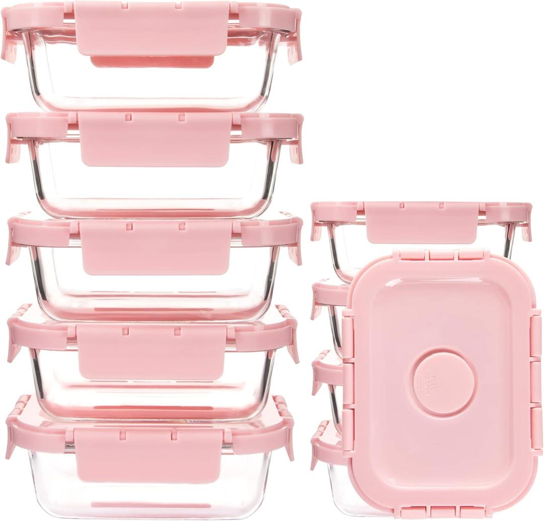 10 Pack Glass Meal Prep Containers with Lids and Steam Vent, Leak-Proof Food Storage Containers with Airtight Lids, Dishwasher / Microwave / Oven / Freezer Safe Glass Containers for Leftovers (Pink)