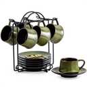 YHOSSEUN Ceramic Espresso Cups Set of 6, 4 Oz Expresso Shots Cup with Stand, Saucers & Spoons, Small Coffee Cup for Double Espresso, Mocha and Tea, Green