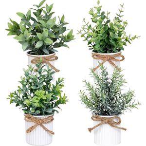 Yoratee 4 Potted Artificial Plants Metal Fake Potted Plant with Iron Pot Mini Greenery Decor Small Faux Plants for Indoor Farmhouse Home Porch Garden Bathroom Room Décor White