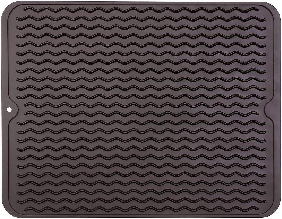 Silicone Dish Drying Mat for Multiple Usage,Easy clean,Eco-friendly,Heat-resistant Silicone Mat for Kitchen Counter or Sink,Refrigerator or drawer liner Coffee L 16 inches x 12 inches