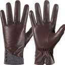 QOF Winter Genuine Leather Gloves for Women, Cashmere Warm Lined Finger Touchscreen Texting Driving Gloves