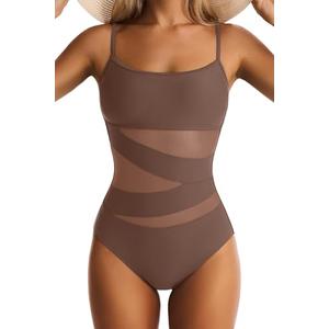 EVOCRCO Womens Mesh One Piece Swimsuit Tummy Control Bathing Suit Sexy Push Up Swim Suit Slimming Swimwear Brown, S