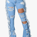SeNight Women Bell Bottom Jeans Elastic Waist Ripped Flared Jean Destroyed Raw Hem Denim Pants, size M