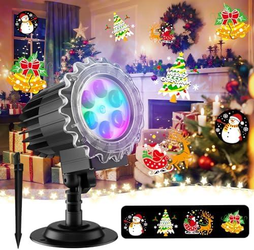Matekxy Christmas Projector Lights Outdoor, 2025 Upgraded 3D Snowman Bells Sleigh Santa Decoration Light, IP44 Waterproof Holiday Lamp for Xmas Garden Patio Indoor
