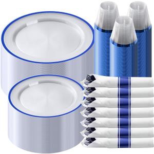 Goodluck 350 Piece Dark Blue Plastic Dinnerware Set for Party, Clear Disposable Plates for 50 Guests, Includes 100Plates, 50 Pre Rolled Napkins with Cutlery Set, 50 Cups, for Graduation, Birthday