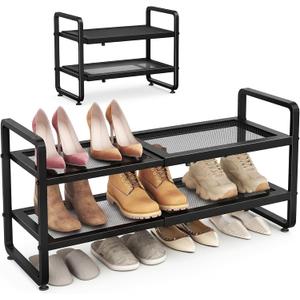 SAYZH Expandable Shoe Rack for Closet, Adjustable Metal Shoe Organizer with Sturdy Mesh Shelves for Boots & Heels, Stackable Shoe Storage for Entryway, Garage, Small Spaces (Black, 2-Tier)