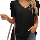 Womens Summer Shirt V Neck Casual Loose Fit Tshirts Puff Short Sleeve Tops (Black, S)