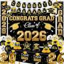 Class of 2026 Graduation Party Decorations Set, Black Gold Congrats Grad Banner & Backdrop with Table Centerpieces and Balloons, 2026 Graduation Decorations for Party Supplies, Photo Booth Background
