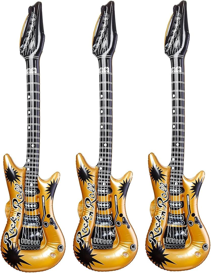 Gold Rock-n-Roll Inflatable Guitar (40 Inches) Vinyl. Perfect Party Favor, DJ Dance 80s Rocker (Gold Color (3 Pack)),