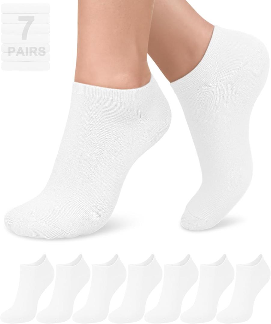 FuelMeFoot 7 Pairs Ankle Socks for Women Viscose Bamboo No Show Socks Classic Low Cut Casual Socks for Running, Athletic (Small-Medium, 04 White*7 (Basic))
