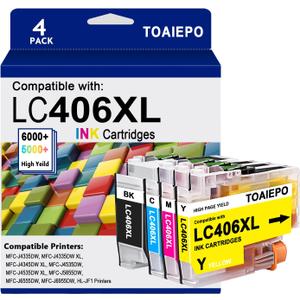 LC406XL Ink Cartridge Replacement for Brother LC406 High Yield Ink Cartridges Work with Brother MFC-J4535DW MFC-J4335DW MFC-J5855DW MFC-J6555DW Printer, 4 Pack