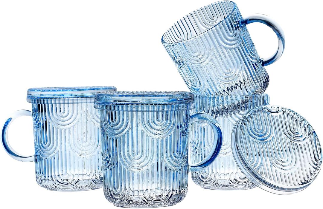 Lysenn Glass Coffee Mugs Set of 4 - Premium Crystal Glass Mugs with Lids  Unique Design Coffee Glasses for Tea Latte Cocoa Chocolate - 10 oz, Sky Blue