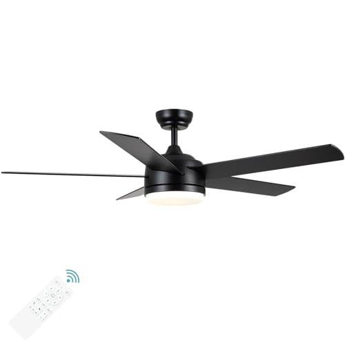 YUHAO 52 Inch Black Ceiling Fan with Light .Noiseless,Dimmable,3CCT,6 Speeds Reversible, DC Ceiling Fans for Indoor or Covered Outdoor , Not remote control