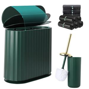Small Bathroom Trash Can with Press Type Lid, Toilet Brush and Holder Set,Slim Dark Green Bathroom Garbage Can, Slim Narrow Trash Bin 2.6 Gallon Garbage Bin, 75Counts Trash Bags