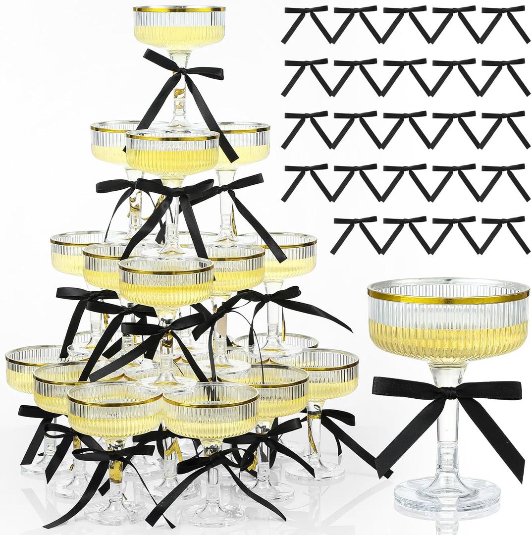 Set of 24 Plastic Champagne Coupe Glasses with Bow 7 oz Gold Champagne Tower Set Stackable Acrylic Ribbed Martini Glasses Cocktail Coupe Cup for Wedding Birthday Party Bar(Bowknot,Black)