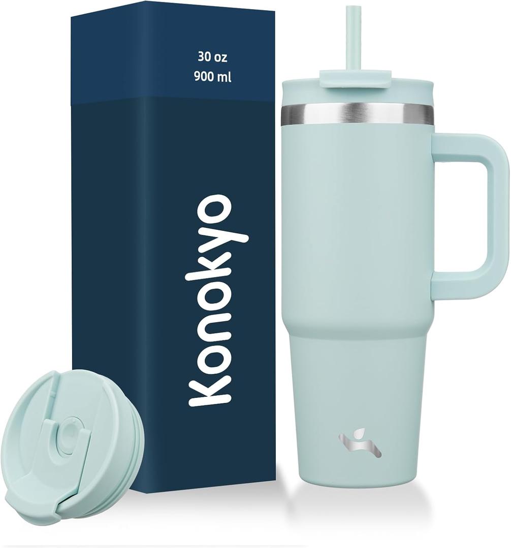 30 oz Tumbler with Handle and 2 Straws,2 in 1 Lid Insulated Water Bottle Stainless Steel Travel Coffee Mug,Blue Haze (30 Ounces)