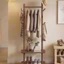 VASAGLE Freestanding Coat Rack with Wheels, 7 Wooden Hooks, 2 Shelves