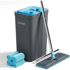 JOYMOOP Mop and Bucket Set with Wringer, Mops for Floor Cleaning, Wall Mop Cleaner with Long Handle, with 4 Reusable Microfiber Mop Pads - Grey+Cyan Blue