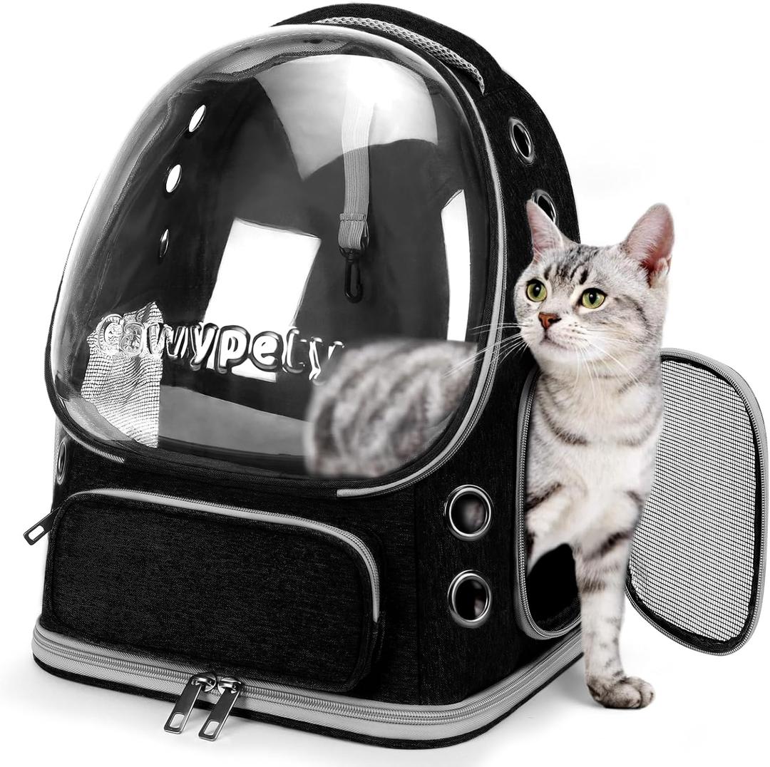 Cawypety Cat Backpack Carrier, Breathable Cat Carrier Large Space Bubble Pet Backpack for Kitty Small Dog up to 12lbs, Transparent & Foldable Pet Carrier for Travel Hiking (Black