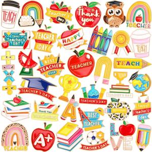 36 PCS Teacher Enamel Brooch for Hats Teacher Appreciation Label Badges Last Day of School DIY Brooch Pins for Teacher Student Clothes Bags Backpack Back to School Jewelry Decoration