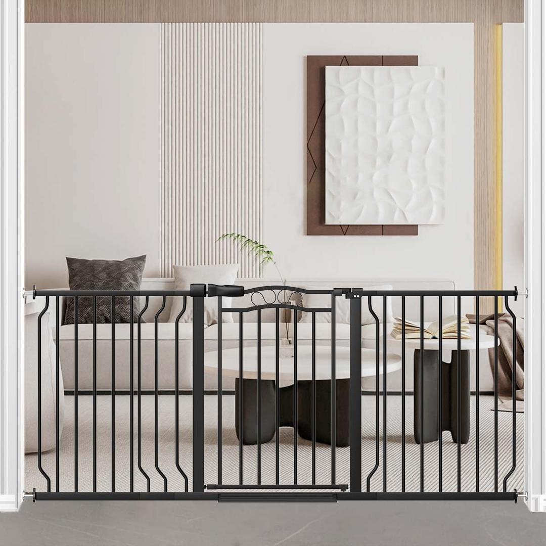 Fairy Baby 62.5"-71.6" Extra Wide Baby Gate Pressure Mount, Long Large Dog Gate Indoor Doorways Stairs, No Drill Safety Child Gate for Kids with Double Lock, Walk Thru Pet Gate for Puppy Doggy, Black