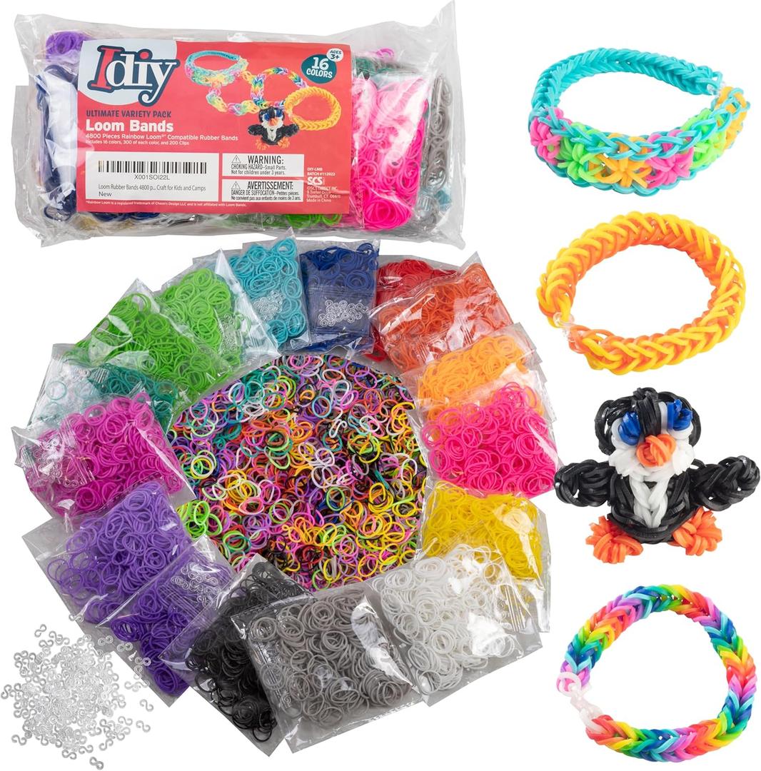 Loom Rubber Bands 4800 pc Refill Kit w 16 Unique Rainbow Colors (300 of Each) & 200 Clips - Works w All Rubber Band Jewelry Looms - DIY Gift for Girls Boys & Bracelet Making Craft for Kids and Camps