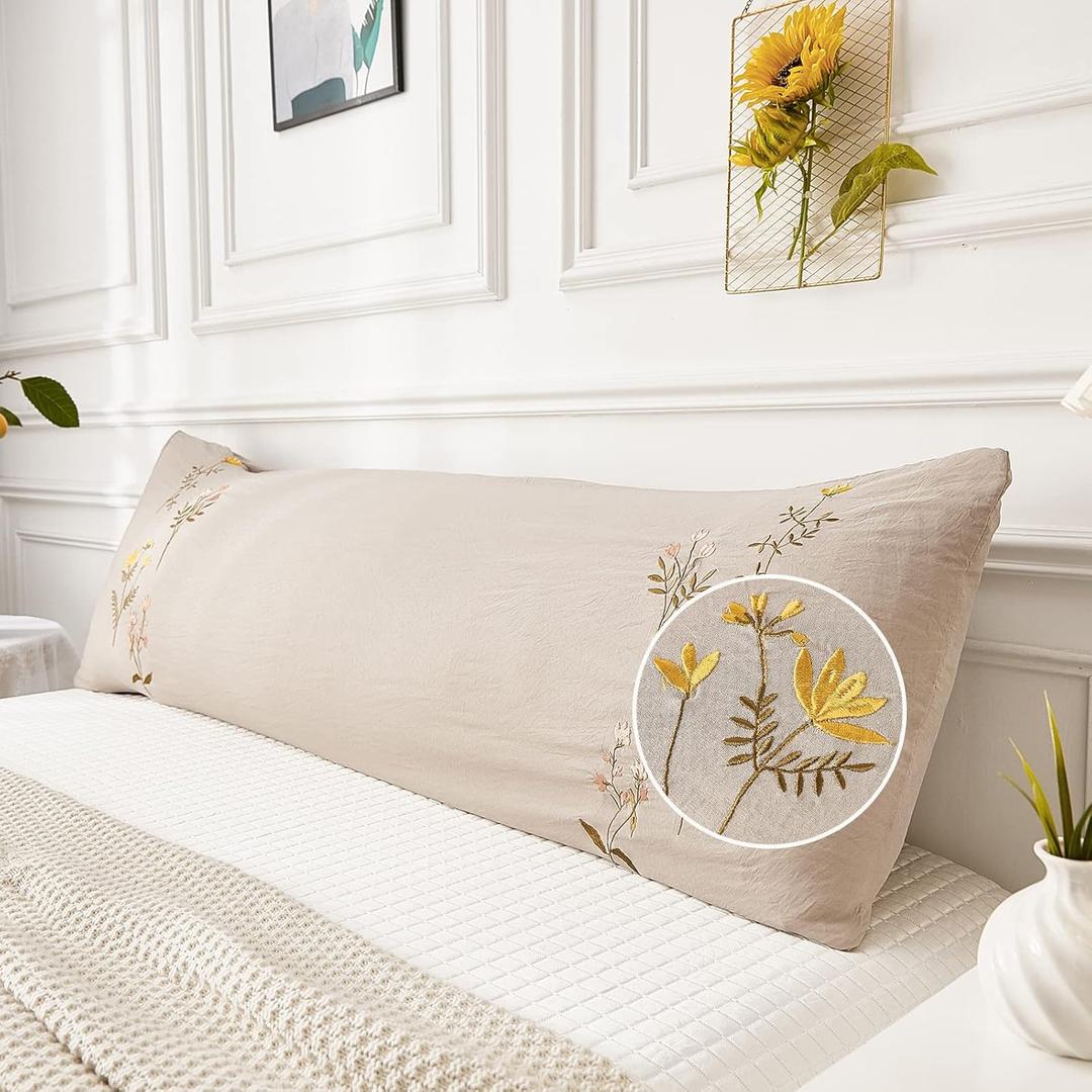 Taupe Body Pillow Cover Embroidery Flower Body Pillowcase Boho Chic Room Decor 20x54 Body Pillow Cover with Pocket Closure