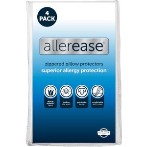 Set of 4 Standard/Queen AllerEase Pillow Protectors - Moisture Wicking, Advanced Allergy Protection - Premium Polyester, Zippered Protectors