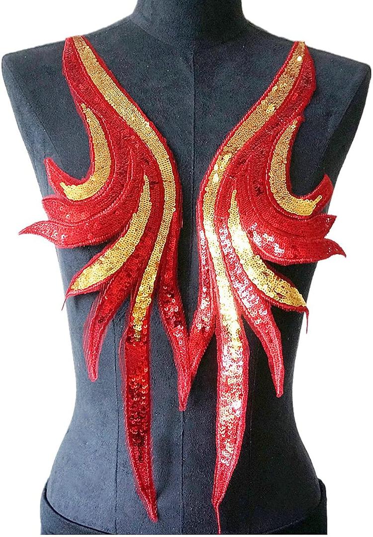 2 Pcs Royal Blue Gold Sequin Lace Fabric Embroidered Gown Appliques Noble Sexy Collar Sew Patches for DIY Wedding Dress Dcor (red)