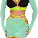 Kaei&Shi Strappy Lingerie,Sheer Mesh Long Sleeve High Waisted Lingeries Skirt Set,Rave Outfits For Women Sexy Festival, 2-4
