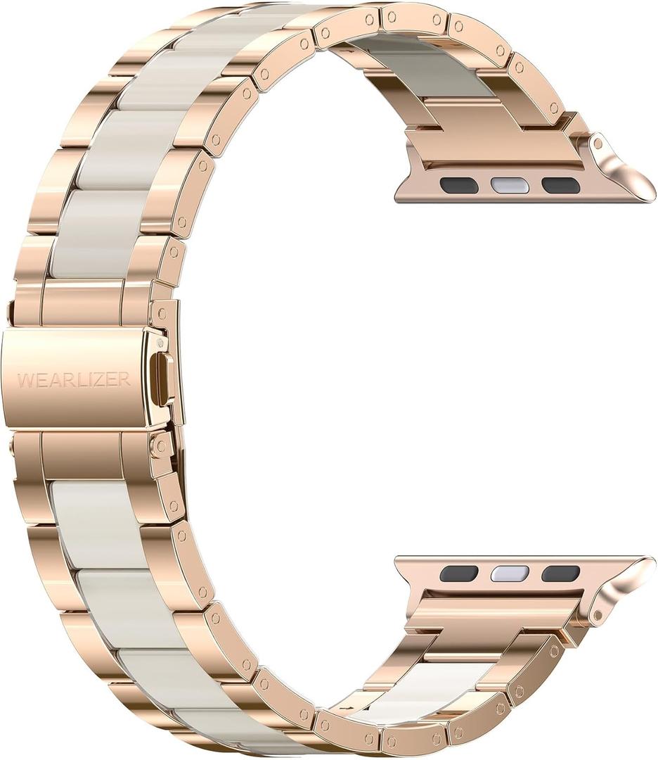 Wearlizer Compatible with Apple Watch Band 42/44/45/46/49mm Fashion Wristbands Womens, Stainless Steel+Resin Metal Replacement for iWatch Series 11 10 9 8 7 6 5 4 3 SE/Ultra 3 2 1-RoseGold+Starlight