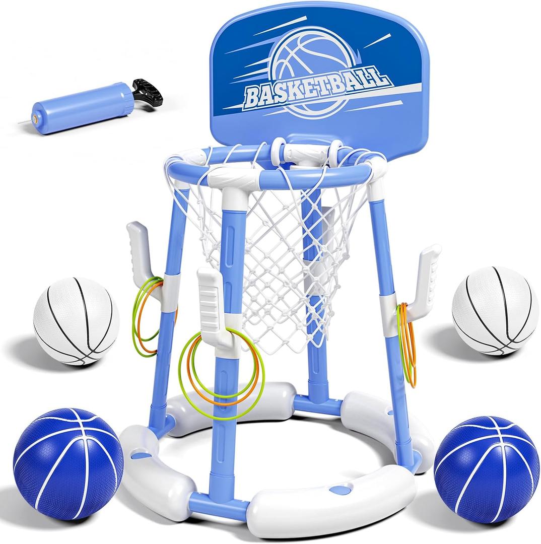 2 in 1 Pool Basketball Hoop with Backboard & Ring Toss Game,Floating Pool Toys with 4 Balls 8 Rings&Pump Summer Water Basketball Indoor Outdoor Toy Gifts Family Party for Kids Age 3-5 4-8 8-12& Adult