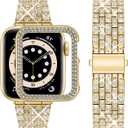 wutwuk Diamond Band with Bling Case Compatible with Apple Watch Bands for Women 40mm, Sparkly Metal Strap with Crystal Protective Bumper for iWatch SE Series 9 8 7, 41mm Gold