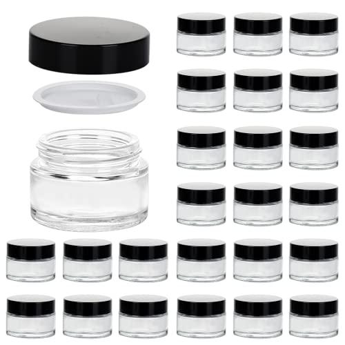 1oz Glass Jar with Lid, Hoa Kinh 16Pack Clear Round Containers Cosmetic Glass Jars with Inner Liners and Black Lids Travel Jars for Storing Lip and Body Scrub, Lotion, Body Butter, Bath Salts, Liquid