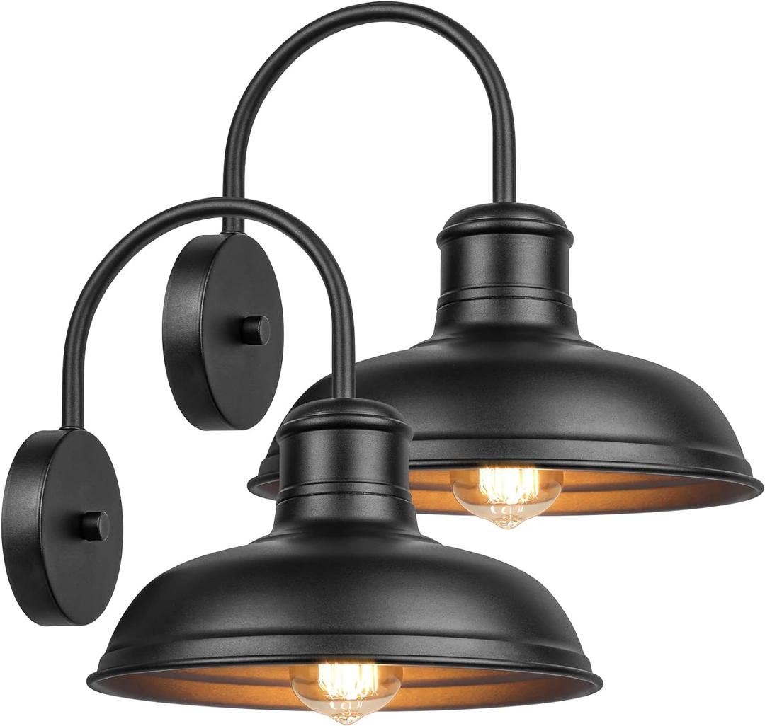 2-Pack Matte Black Outdoor Wall Lights, Modern Farmhouse Porch Wall Light Fixtures Wall Mount, Industrial Gooseneck Wall Sconce, Exterior E26 Barn Lights for Garage Frontdoor Entryway Bathroom Doorway