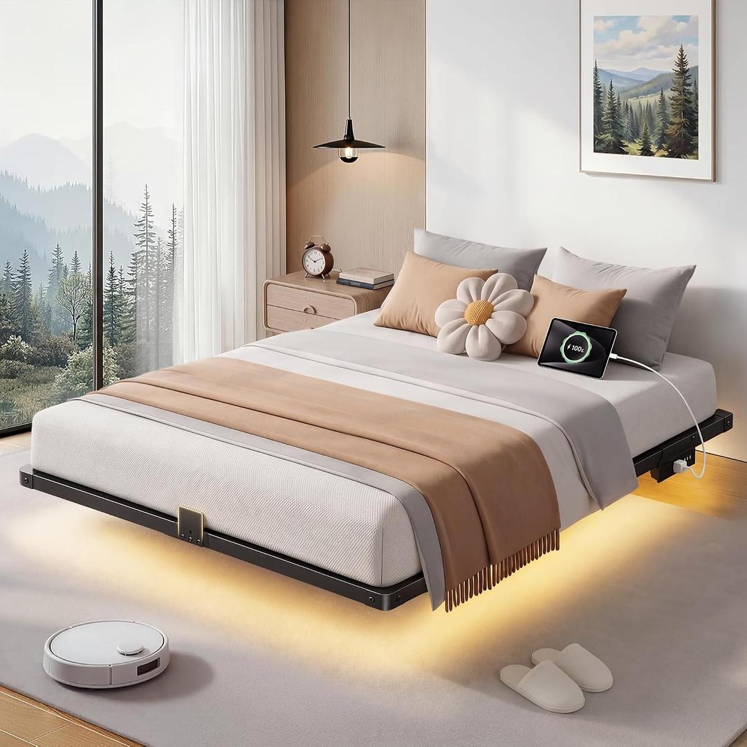 Floating Bed Frame Queen Size, 10" Comfort Height, 4-Side Underbed RGB LED Lights & Charging Station, Metal Platform Bed No Box Spring Needed, Noise-Free, Sturdy 1000lbs Support for Bedroom